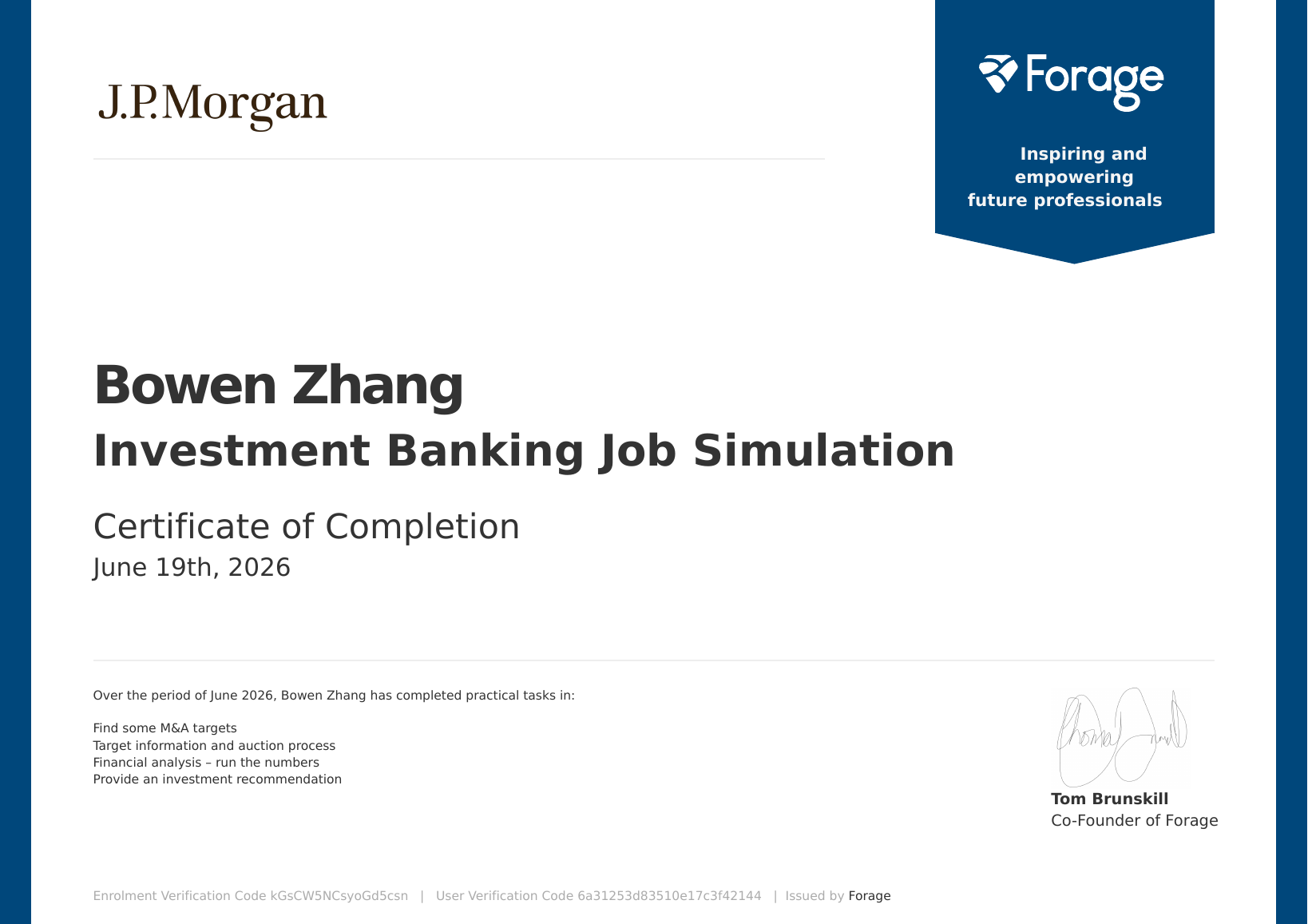 J.P. Morgan Investment Banking Job Simulation certificate