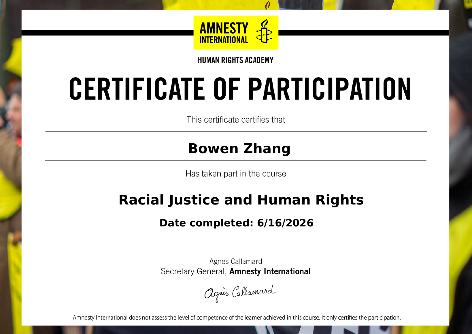 Racial Justice and Human Rights certificate
