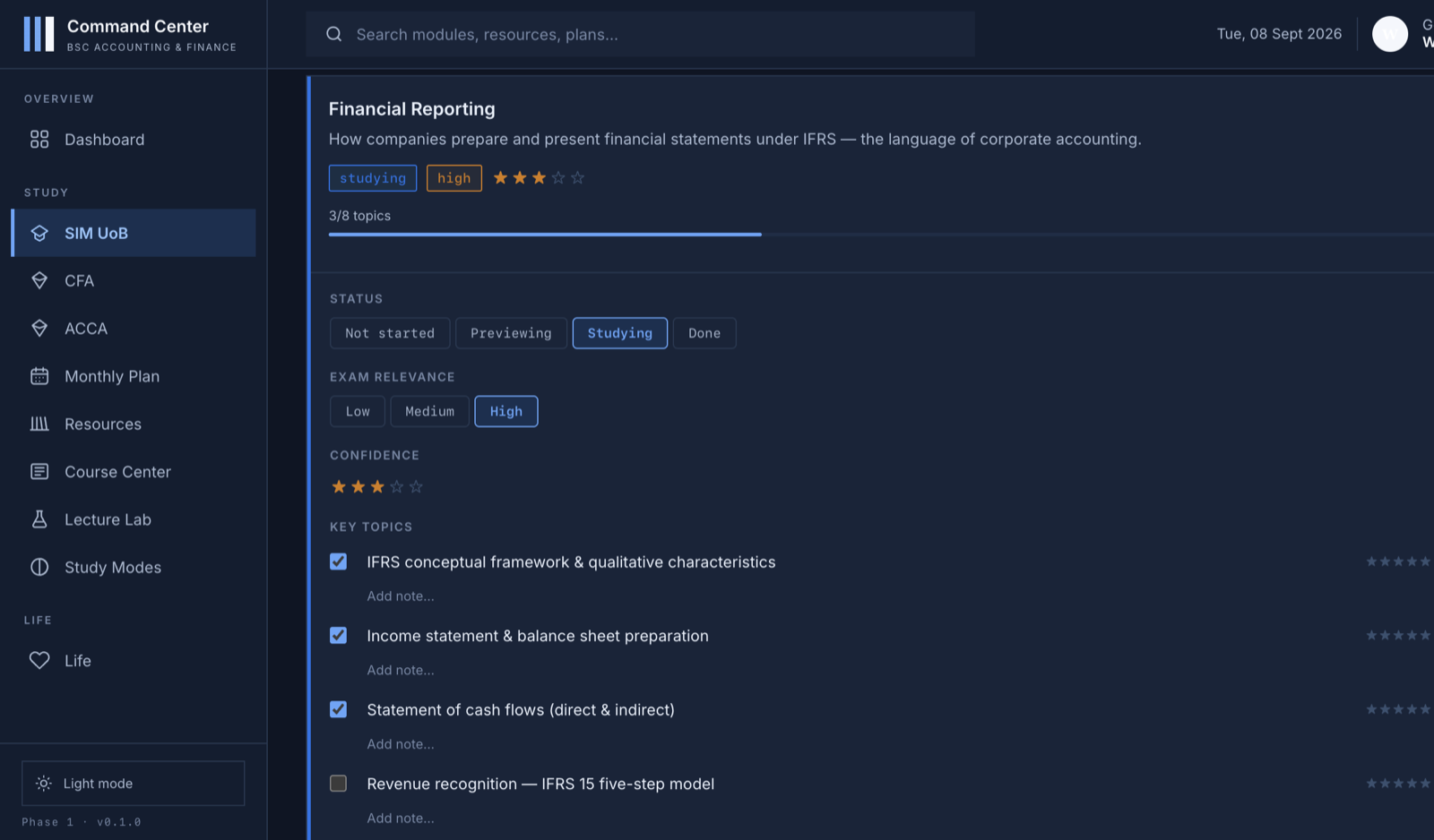 AF Command Center module tracking in dark mode