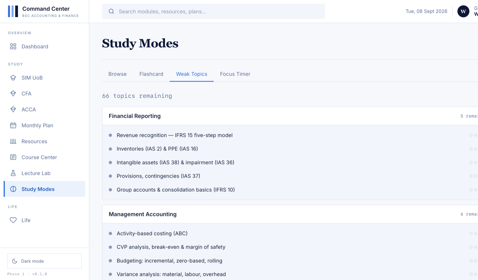 AF Command Center study modes
