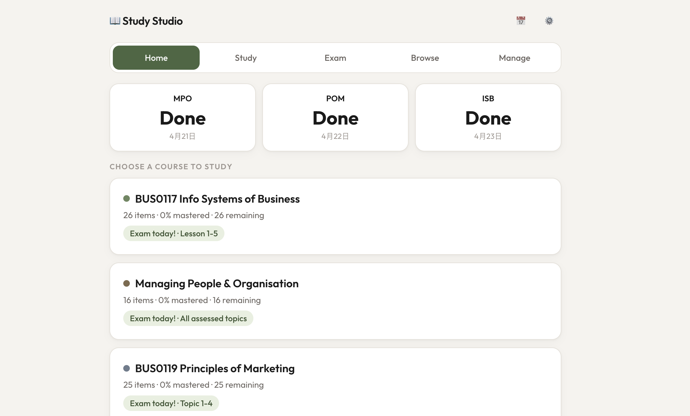 Study Studio course overview and exam reminders