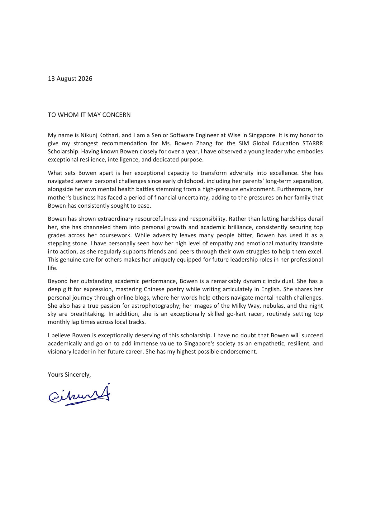 Redacted original recommendation letter from Nick