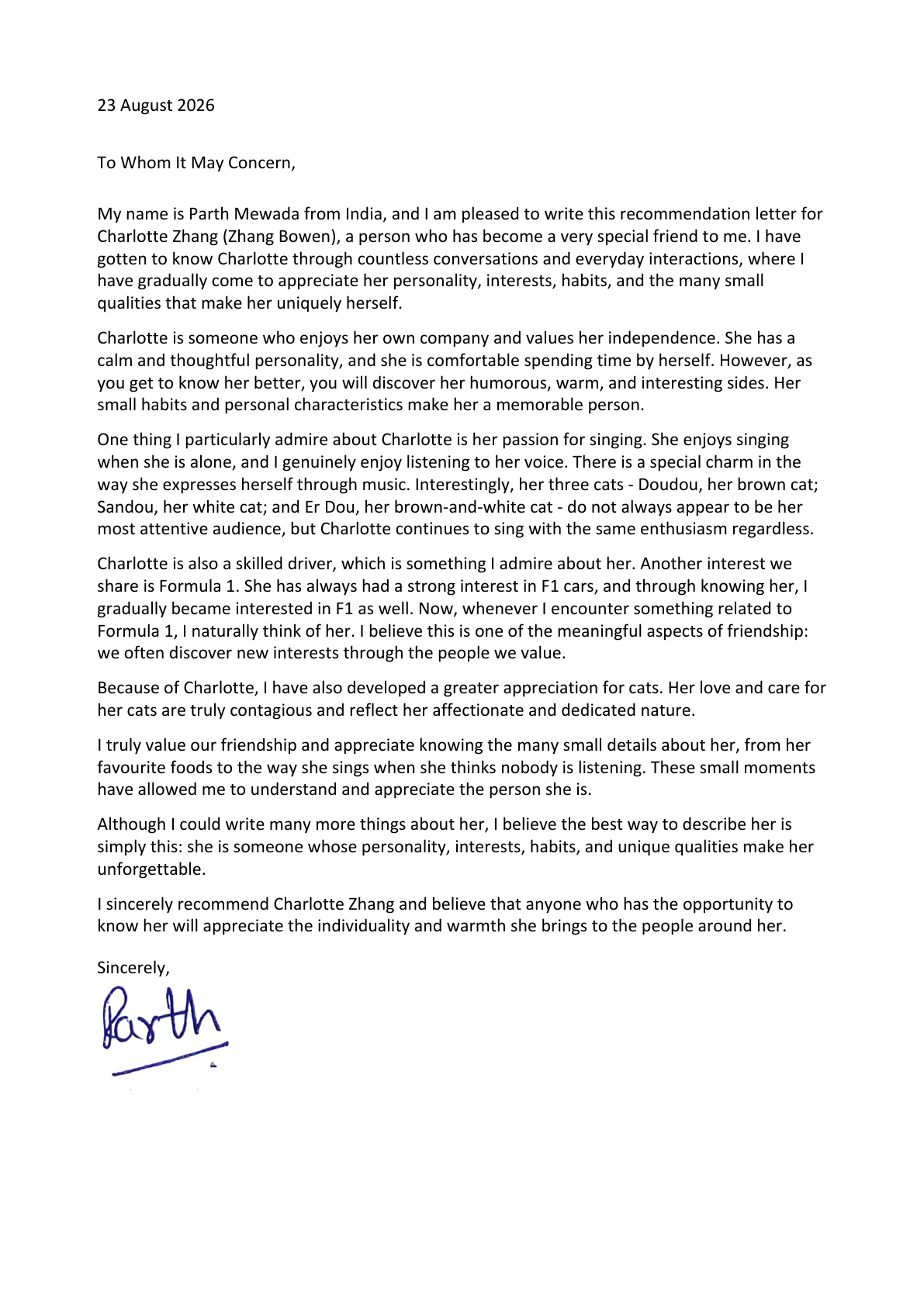 Redacted original recommendation letter from Parth