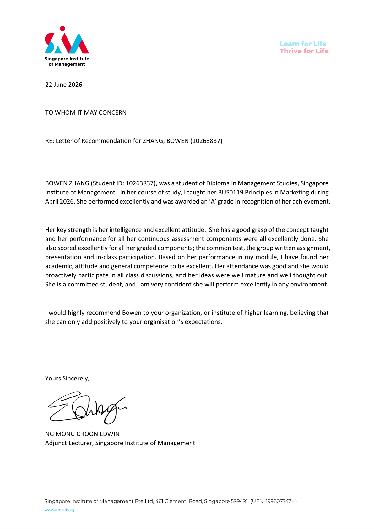 Redacted original recommendation letter from Mr Ng