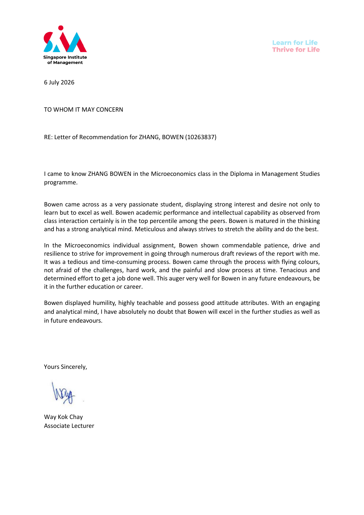 Redacted original recommendation letter from Mr Way