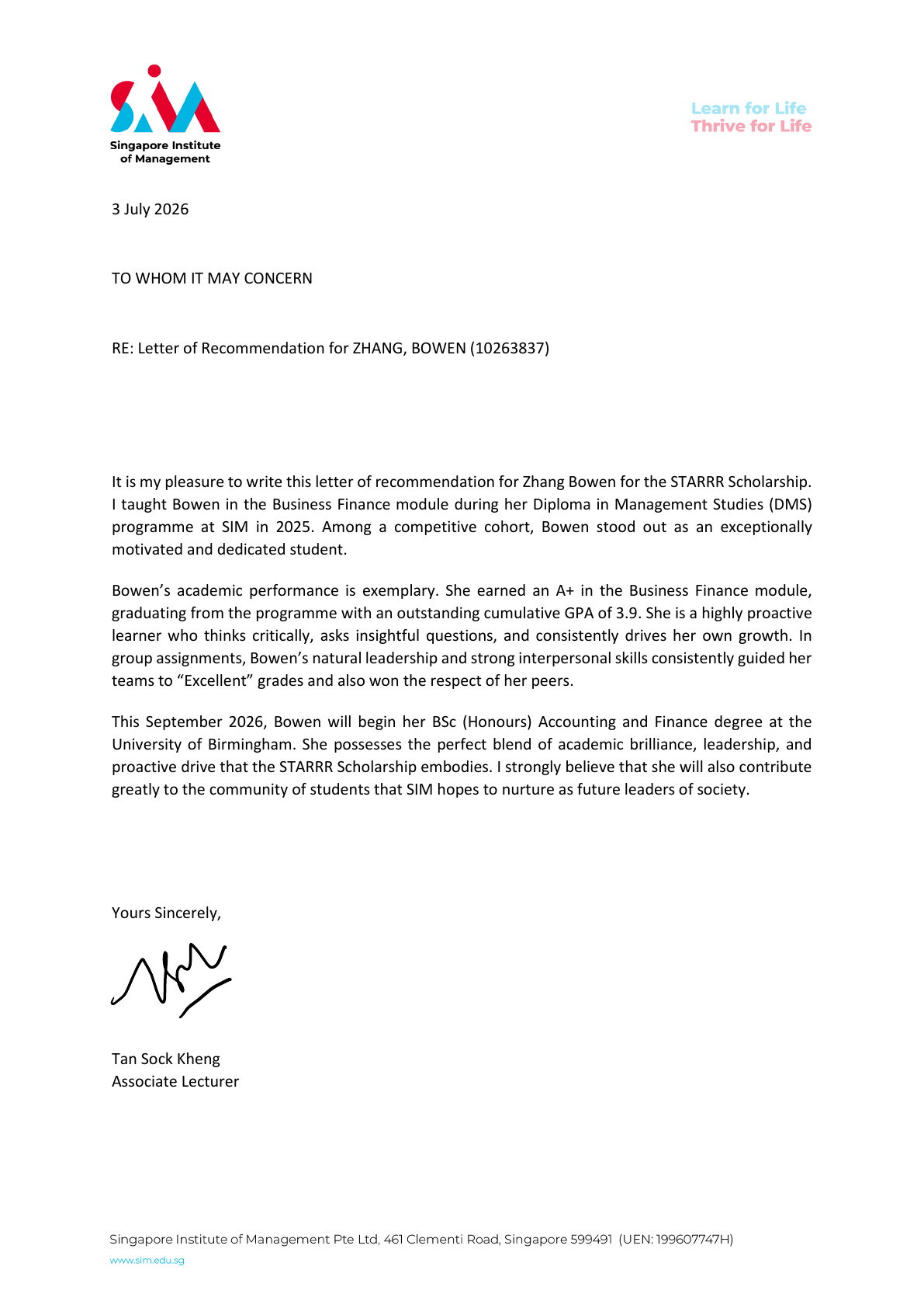 Original recommendation letter from Ms Tan